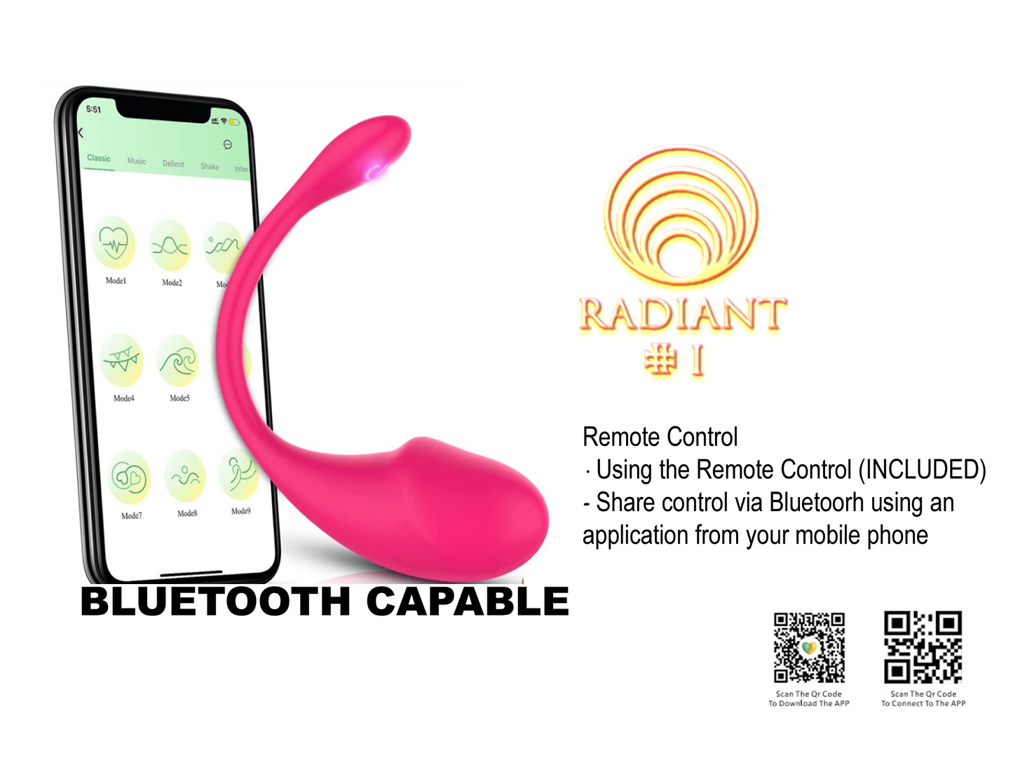 1-pc Radiant #1 Premium Silicone Massager Bluetooth Mobile Application Waterproof Rechargeable (TM)